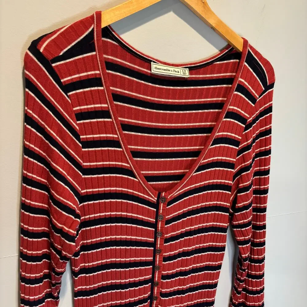 Abercrombie & Fitch Striped 3/4 Sleeve Ribbed Fitted Maxi Dress - Large Tall